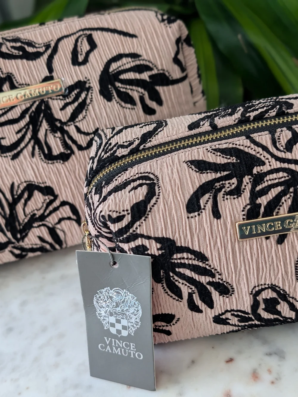 Vince Camuto Blush Pink & Black Floral Jacquard Cosmetic Bags, Set Of 2